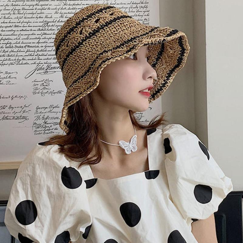 Bucket Hat Straw - Women’s Foldable Striped Geometric Straw Bucket