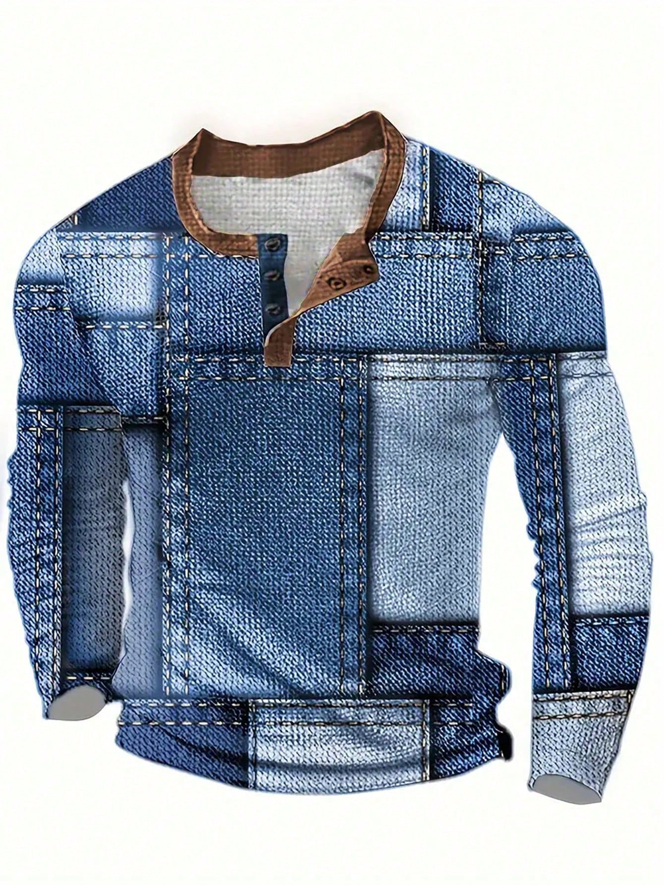 Tee Graphic Print - Men's Denim-Print Long Sleeve Henley Top,