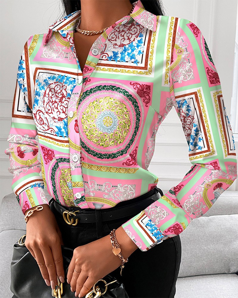 Shirt Camp Collar - Women Fashion Wild Shirts Chain/Floral/Letter/Geometric Square