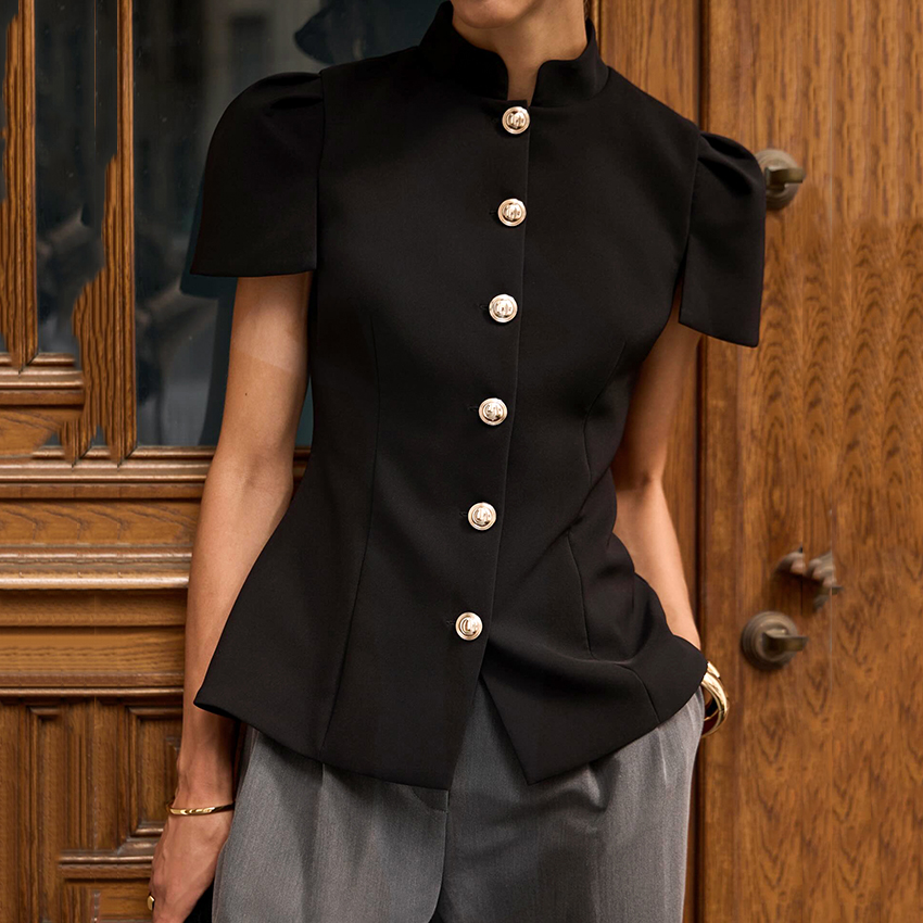 Shirt Camp Collar - Linad Vintage Black Short Puff Sleeve