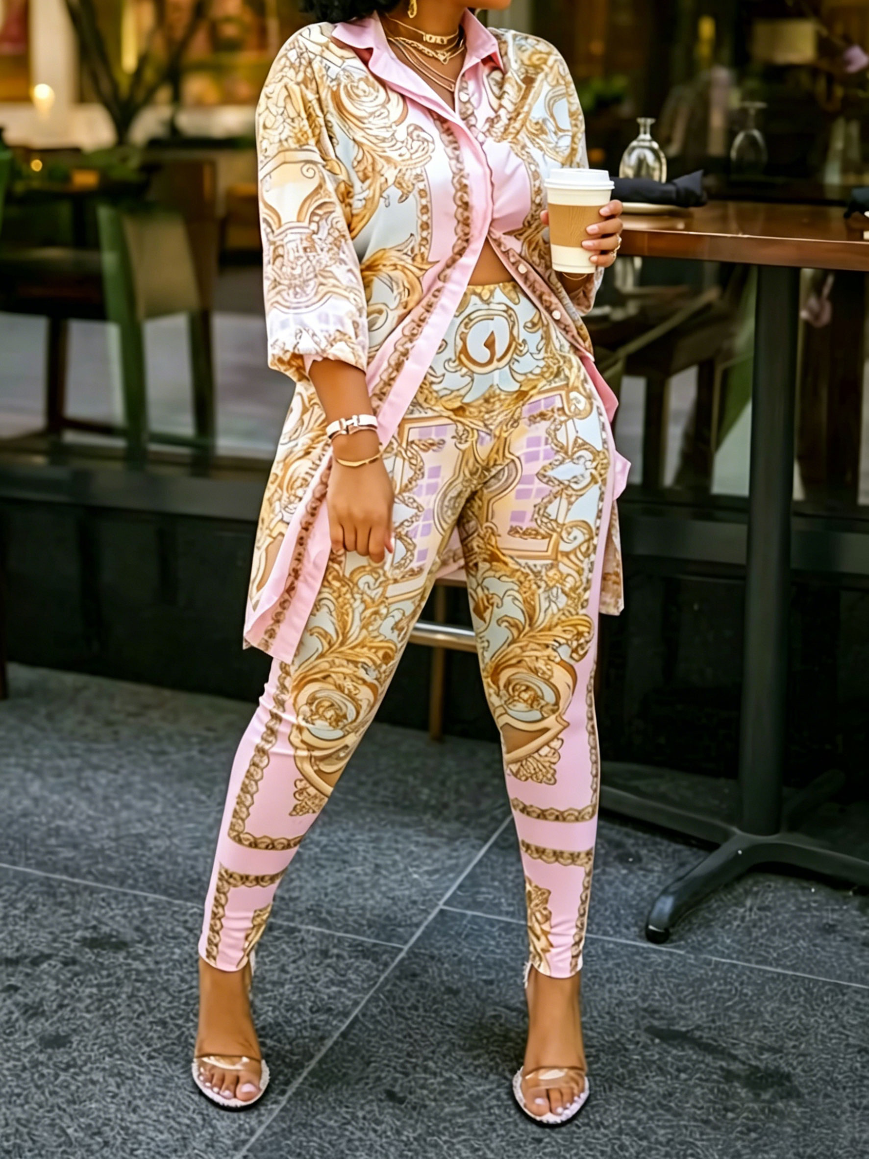 Shirt Camp Collar - Women 2 Piece Set Ornate Print
