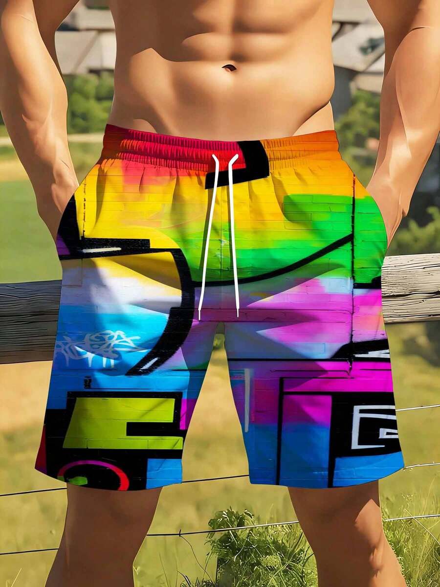 Mens Rainbow Graffiti Print Sw - Swim Trunk Quick Dry ulasan dan harga
