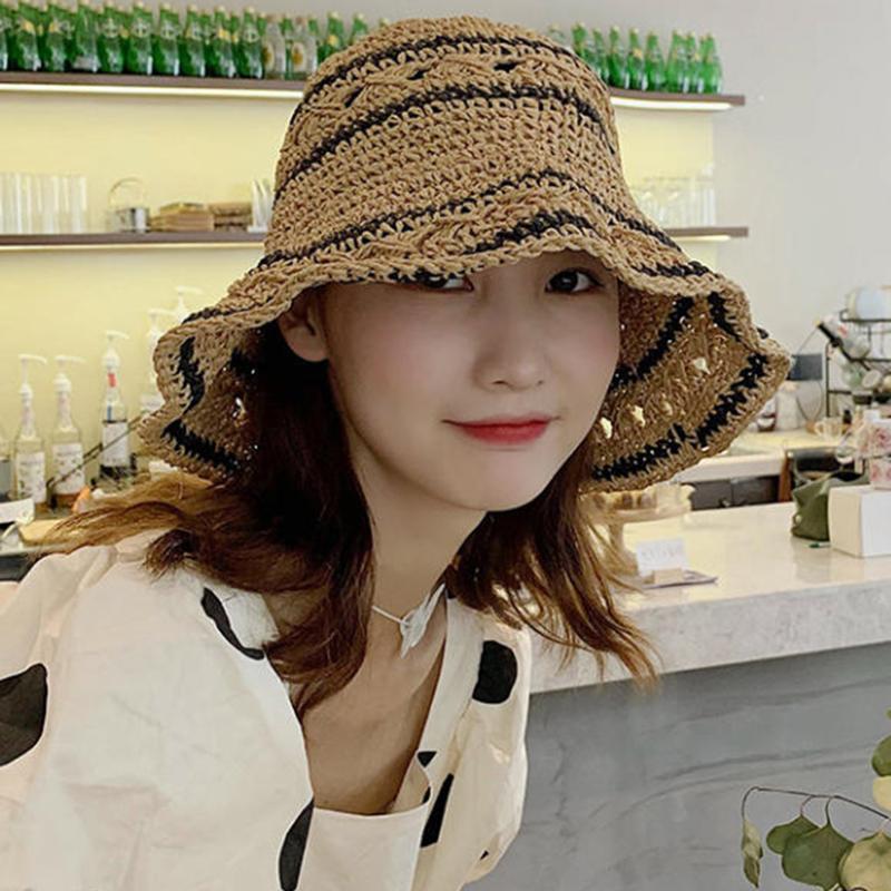 Women’s Foldable Striped Geome - Bucket Hat Straw ulasan dan harga