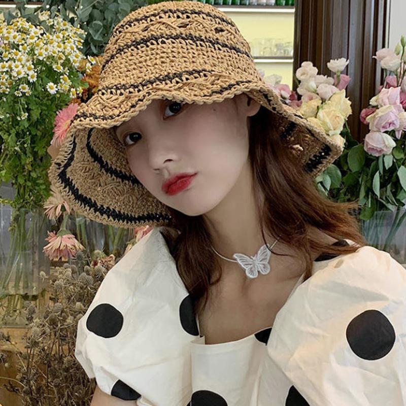 Women’s Foldable Striped Geome - Bucket Hat Straw ulasan dan harga