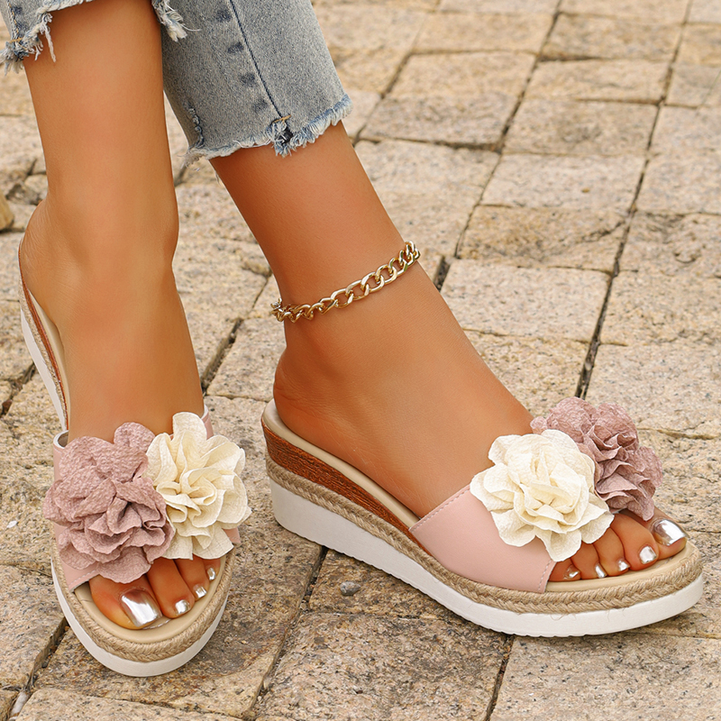 Women's Pink Flower Decor Plat - Espadrille Slip On ulasan dan harga