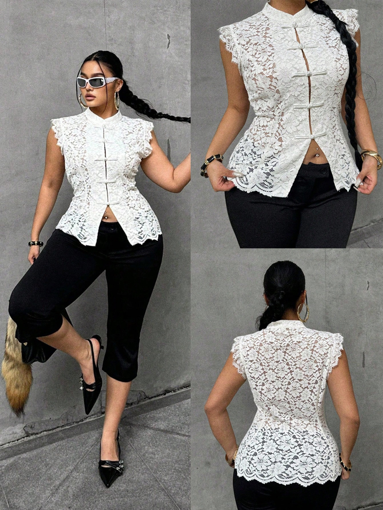 Plus Size Elegant Lace Blouse, - Shirt Camp Collar ulasan dan harga