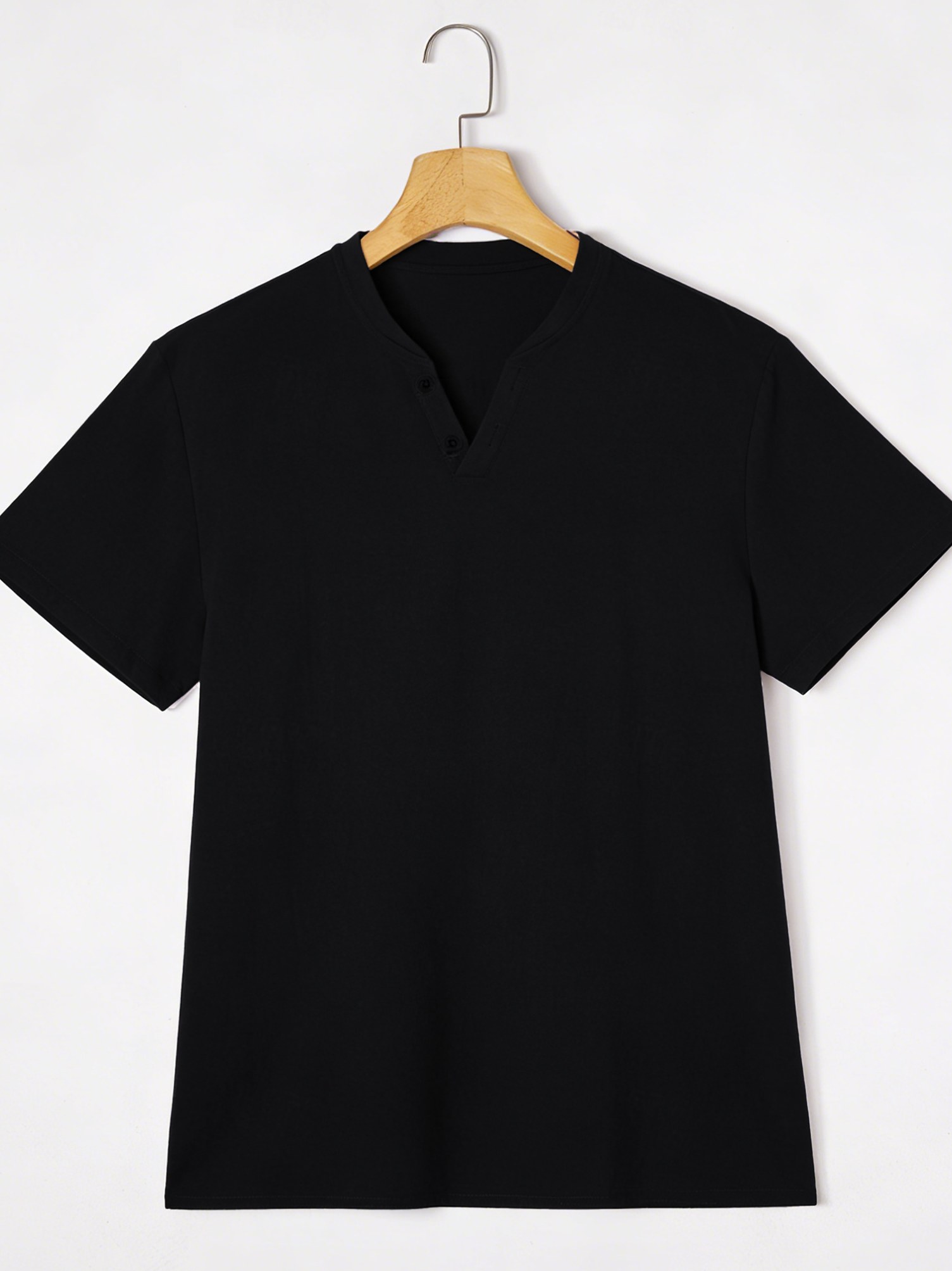 Elegant Black Henley Short-Sle - Linen Shirt Breathable ulasan dan harga