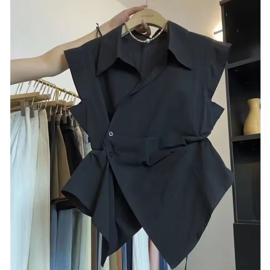 French Solid Color Pleated Irr - Shirt Camp Collar ulasan dan harga