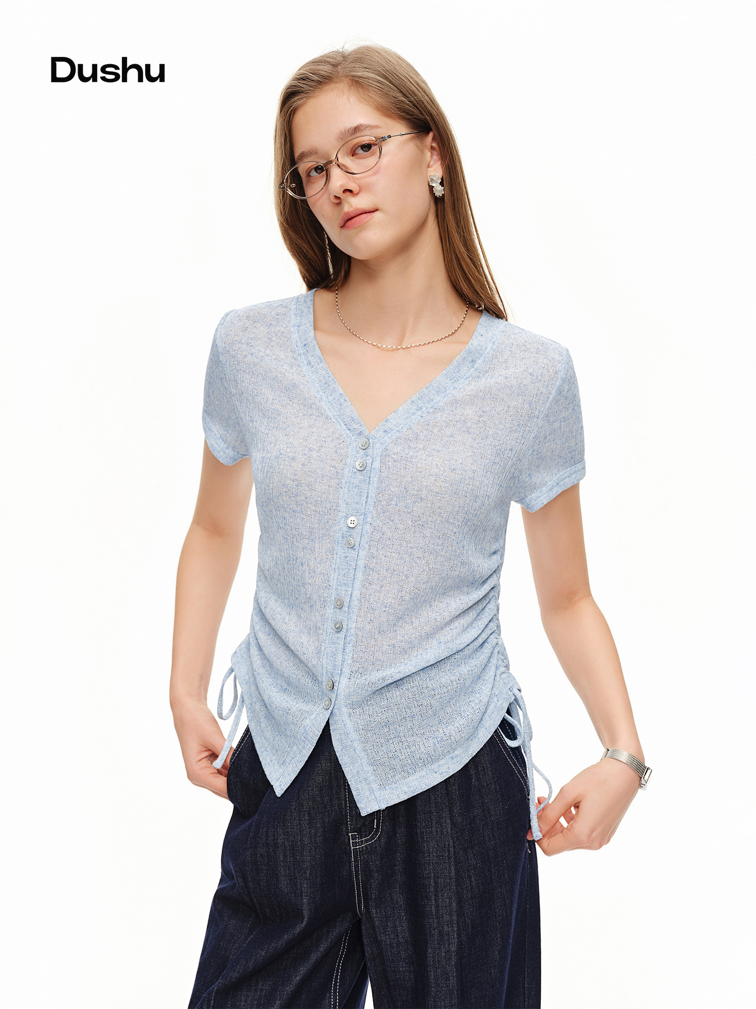 DUSHU Lightweight V-neck Linen - Short Linen Drawstring ulasan dan harga