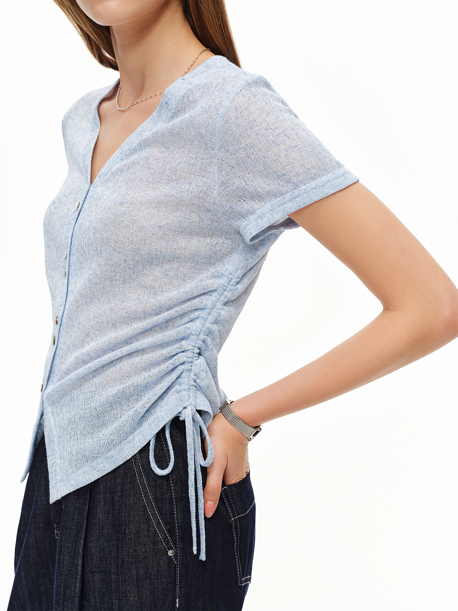 DUSHU Lightweight V-neck Linen - Short Linen Drawstring ulasan dan harga