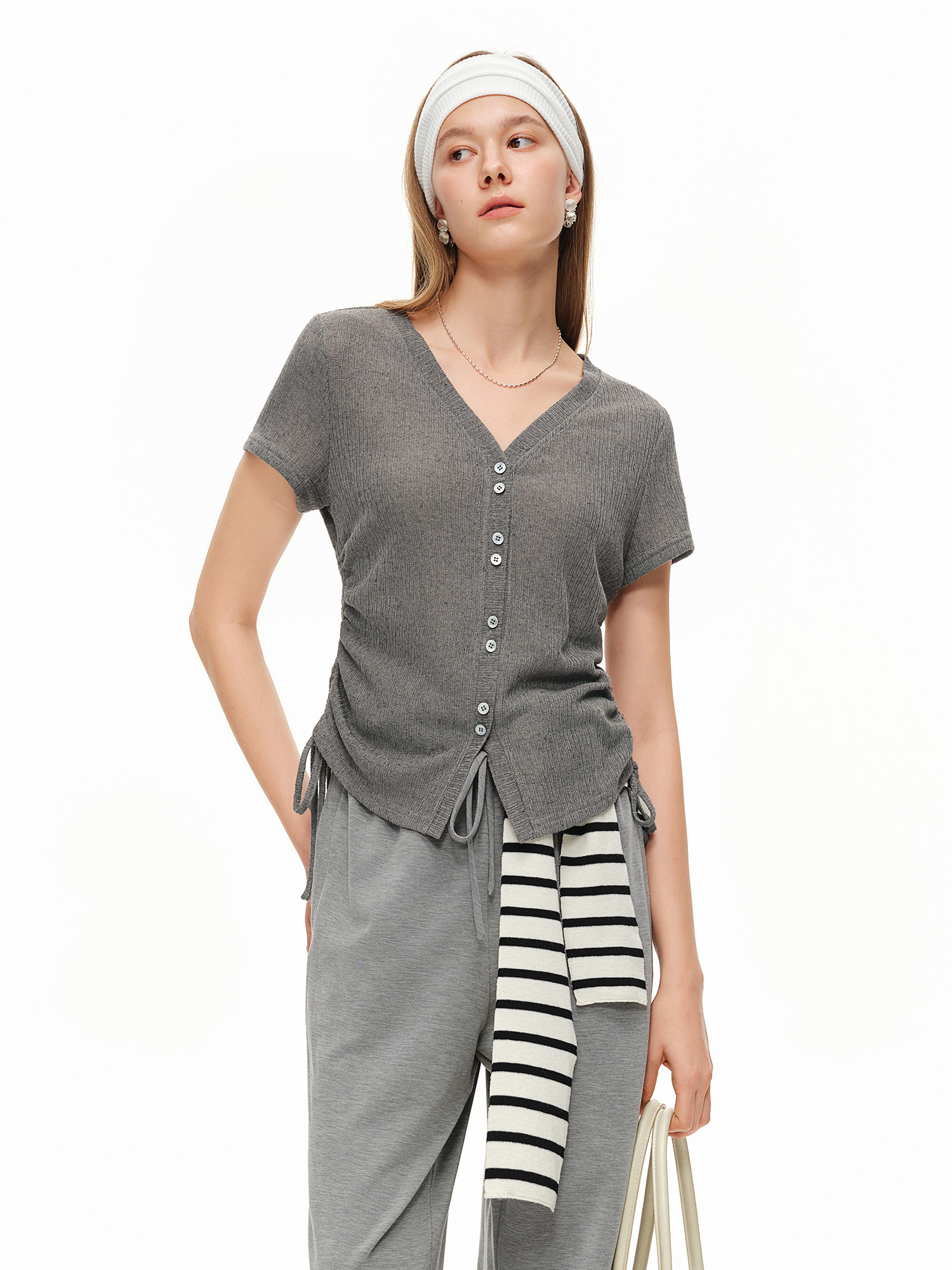 DUSHU Lightweight V-neck Linen - Short Linen Drawstring ulasan dan harga