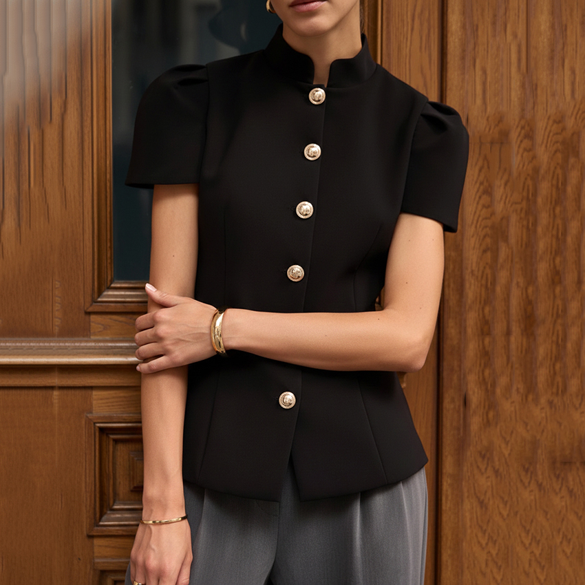Linad Vintage Black Short Puff - Shirt Camp Collar ulasan dan harga