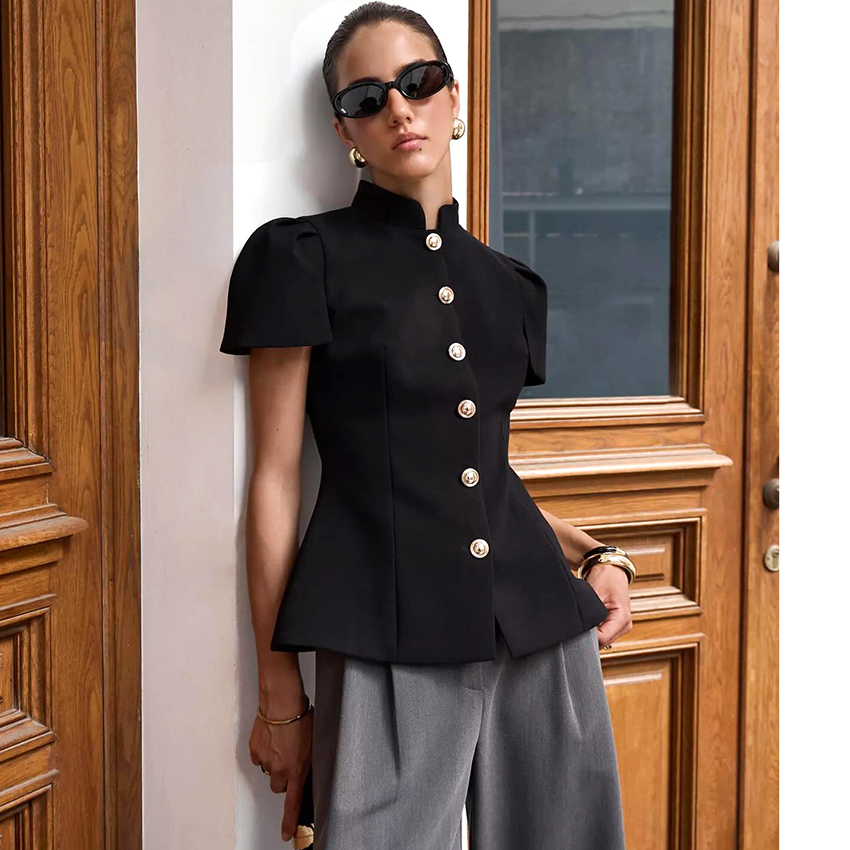 Linad Vintage Black Short Puff - Shirt Camp Collar ulasan dan harga