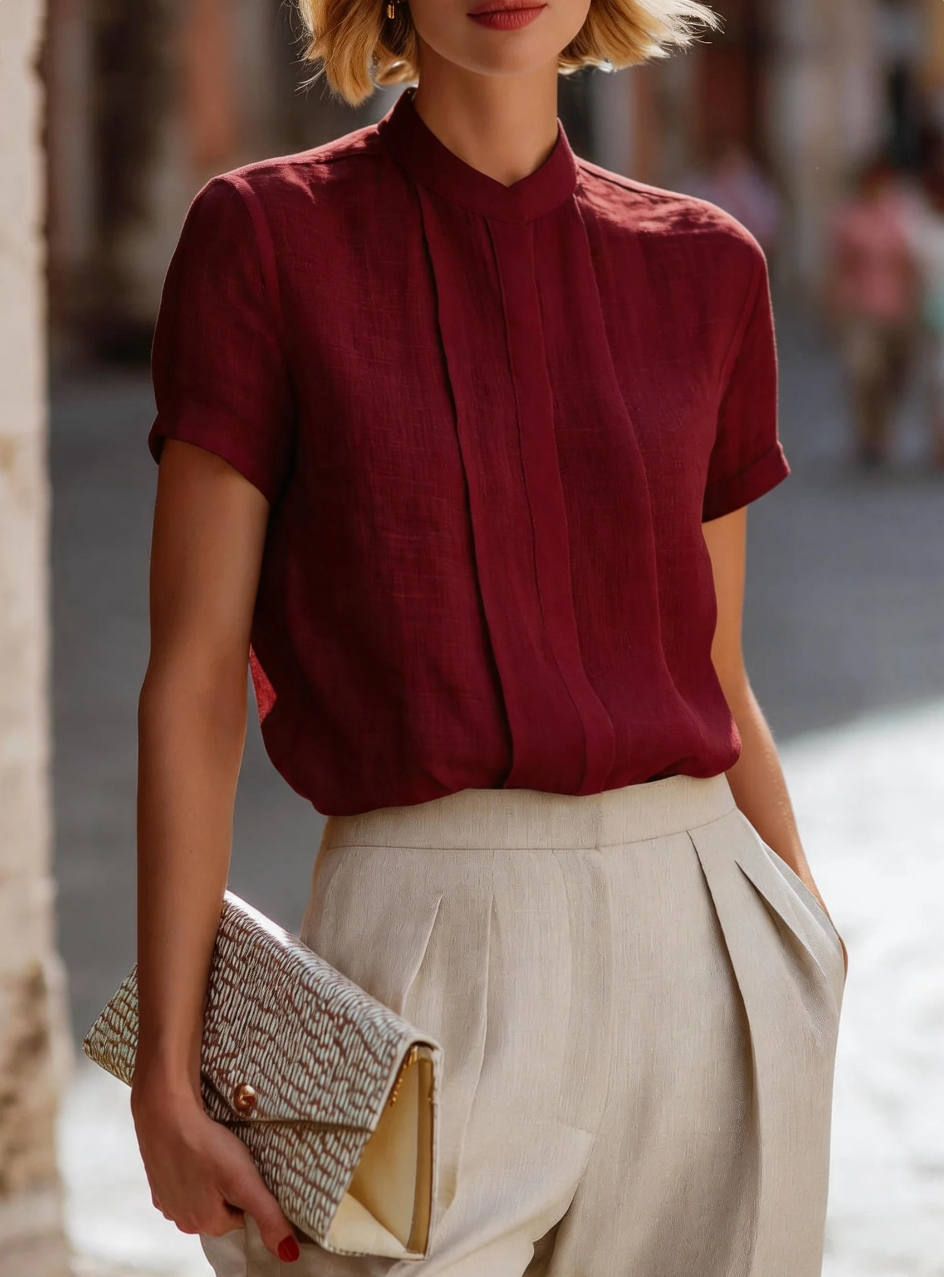 Women's Short Sleeve Pleated F - Shirt Camp Collar ulasan dan harga